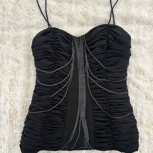 Cache Black Ruched Camisole with Beaded Chain Detail